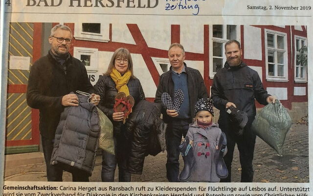 Ausschnitt aus der Hersfelder Zeitung mit Aufruf zur Kleiderspende und den verantwortlichen Personen